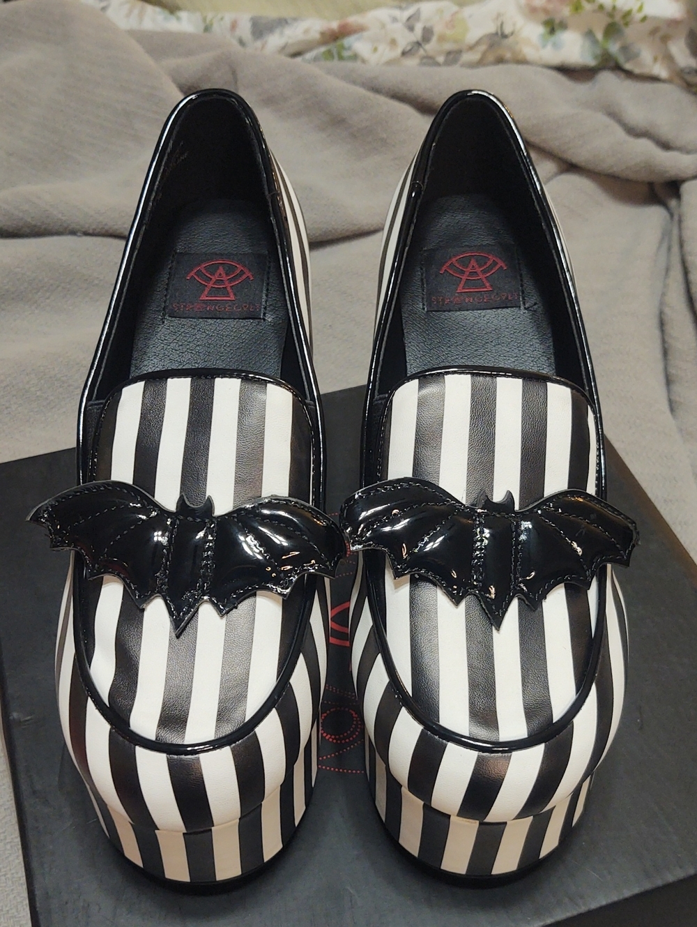 Strange Cvlt Striped Platform Loafers with Bat Accent - Black & White size 7